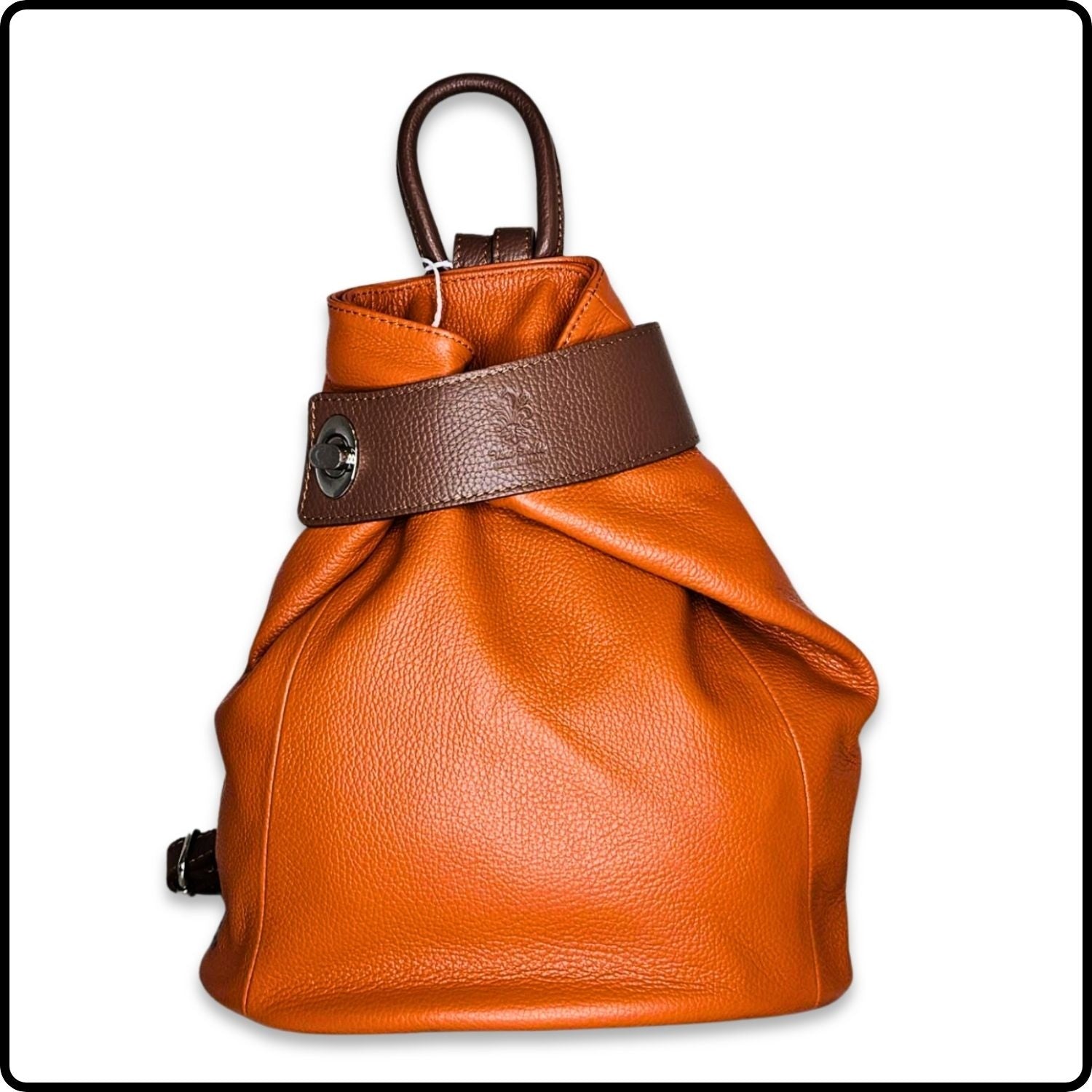 Large Pebbled Leather Lock Closure Backpack - VPR248-ORANGE/TAN