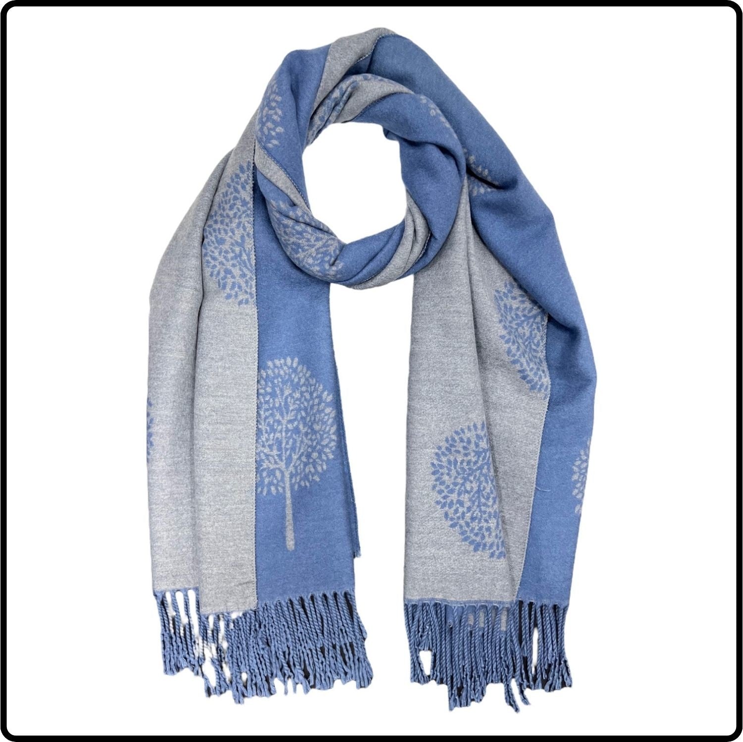 Tree of life print scarf on cashmere mix with tassels in Denim-SCTLD