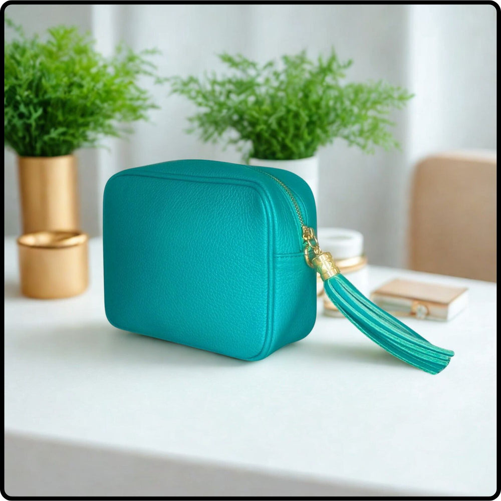 Leather Cross Body Bag Tassel- PS233-AQUA