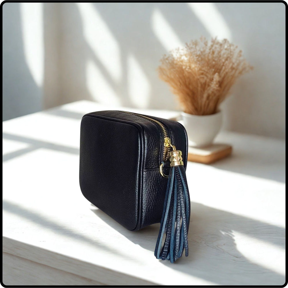 Leather Cross Body Bag Tassel- PS233-BLACK