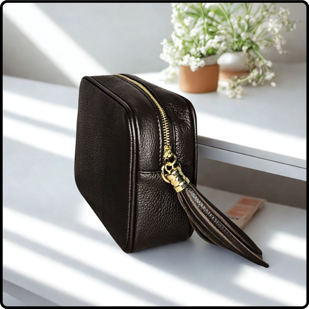 Leather Cross Body Bag Tassel- PS233-DARK CHOCOLATE