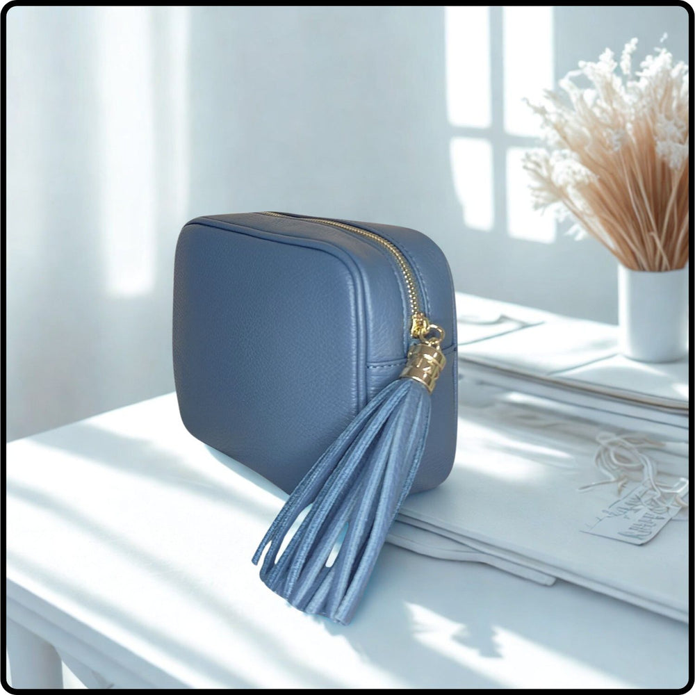 Leather Cross Body Bag Tassel- PS233-DENIM BLUE