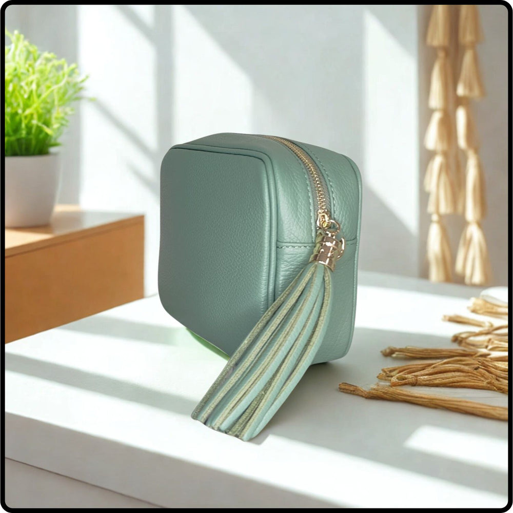 Leather Cross Body Bag Tassel- PS233-DUSTY GREEN