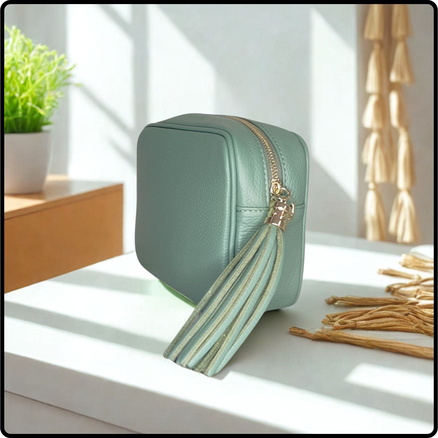 Leather Cross Body Bag Tassel- PS233-DUSTY GREEN