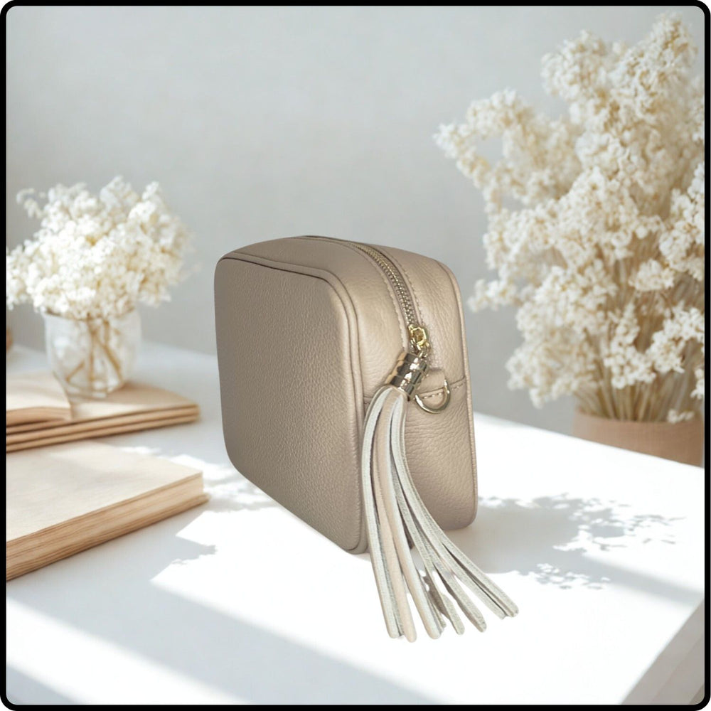 Leather Cross Body Bag Tassel- PS233-LIGHT TAUPE