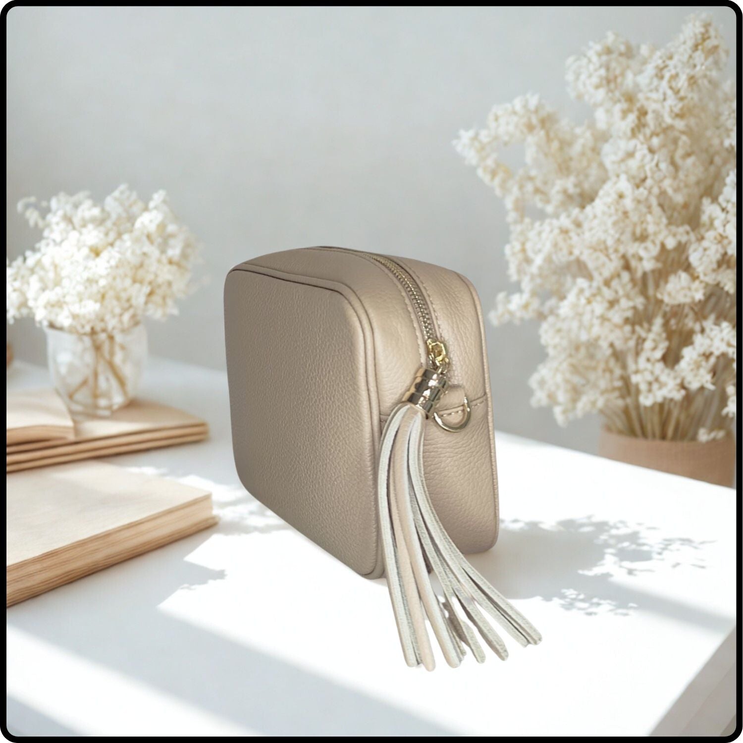 Leather Cross Body Bag Tassel- PS233-LIGHT TAUPE