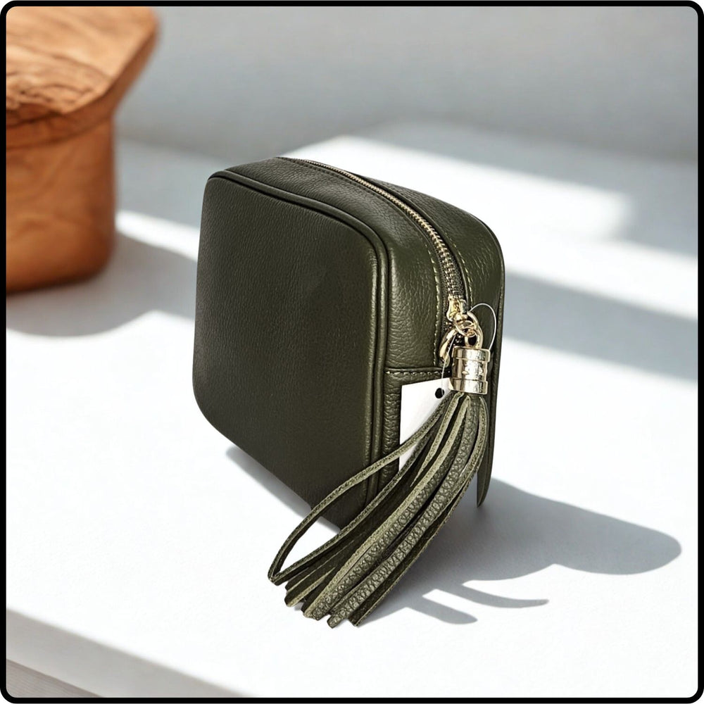 Leather Cross Body Bag Tassel- PS233-OLIVE GREEN