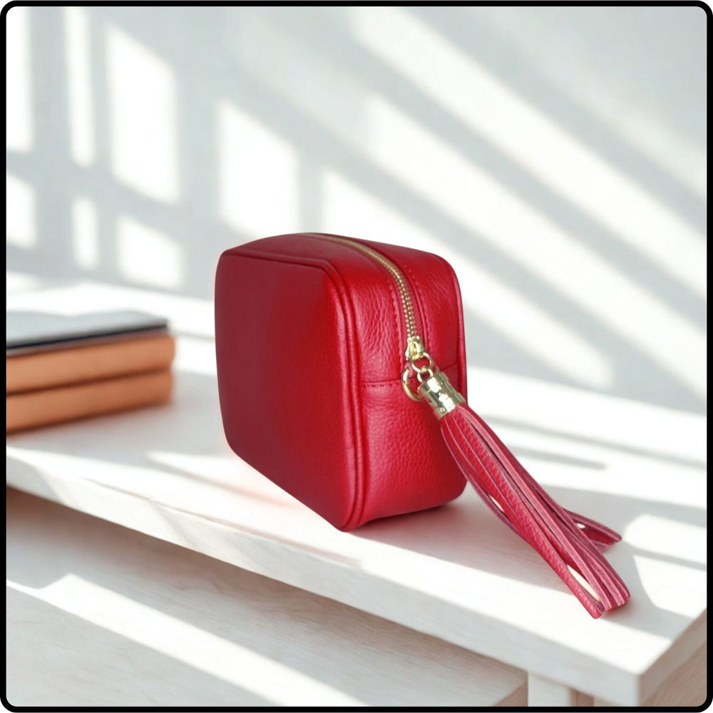 Leather Cross Body Bag Tassel- PS233-RED