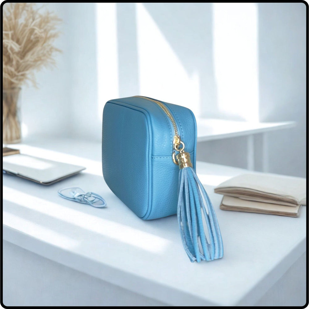 Leather Cross Body Bag Tassel- PS233-SKY BLUE