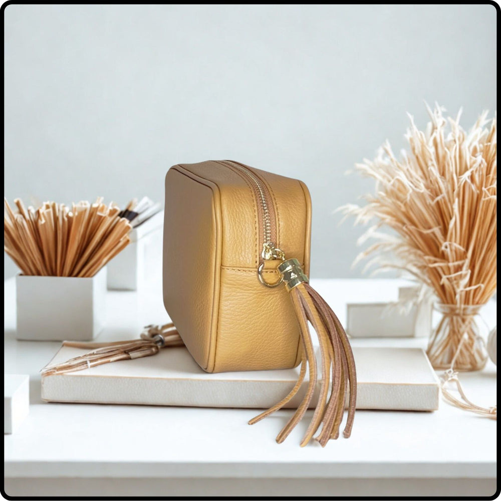 Leather Cross Body Bag Tassel- PS233-TAN