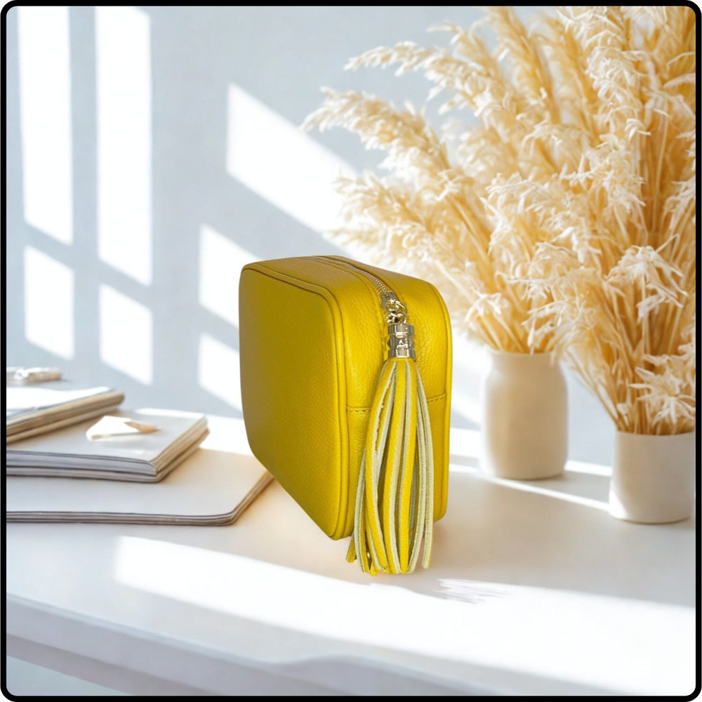 Leather Cross Body Bag Tassel- PS233-YELLOW