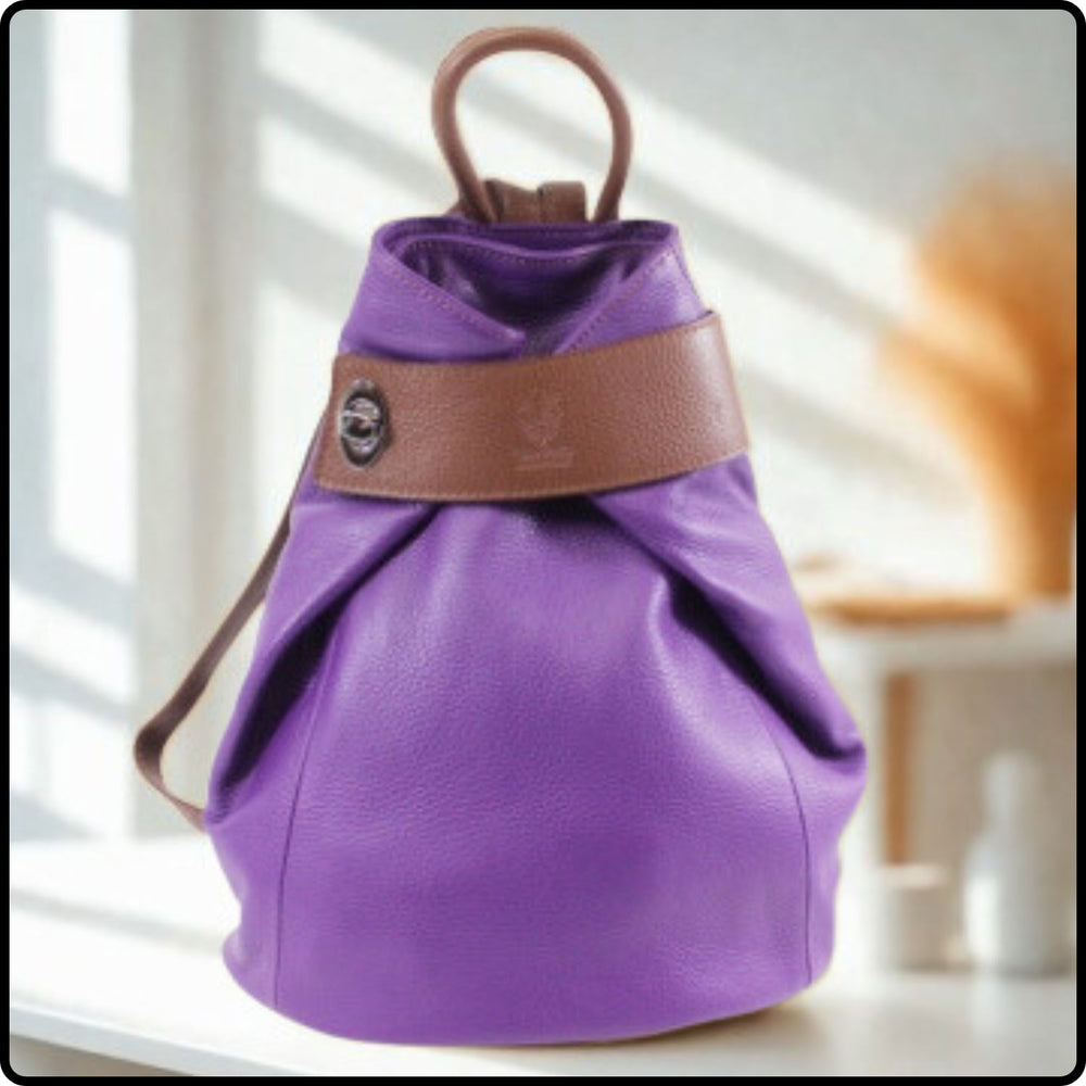 Large Pebbled Leather Lock Closure Backpack - VPR248-PURPLE/TAN