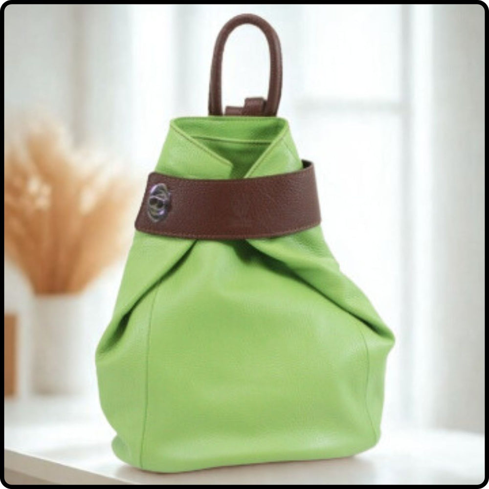 Large Pebbled Leather Lock Closure Backpack - VPR248-LIME GREEN/TAN