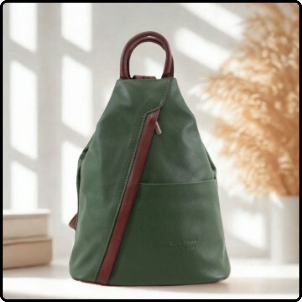 Large Soft Leather Backpack - VPR244-GREEN/BROWN