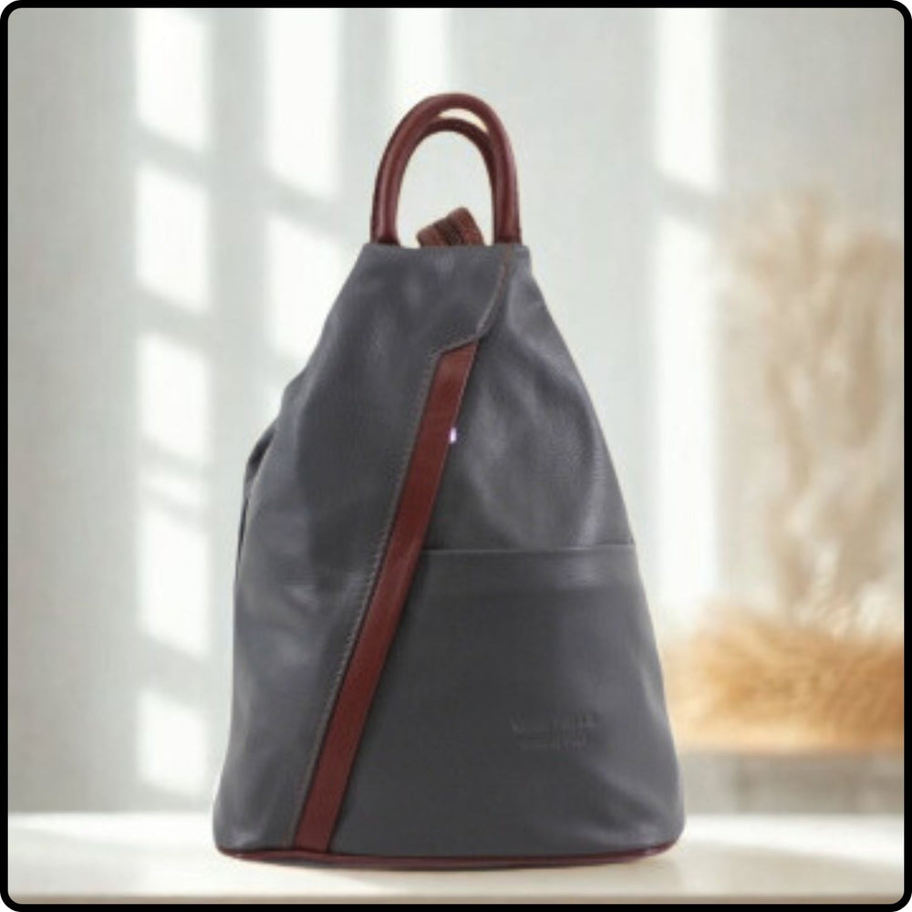 Large Soft Leather Backpack - VPR244-DARKGREY/BROWN