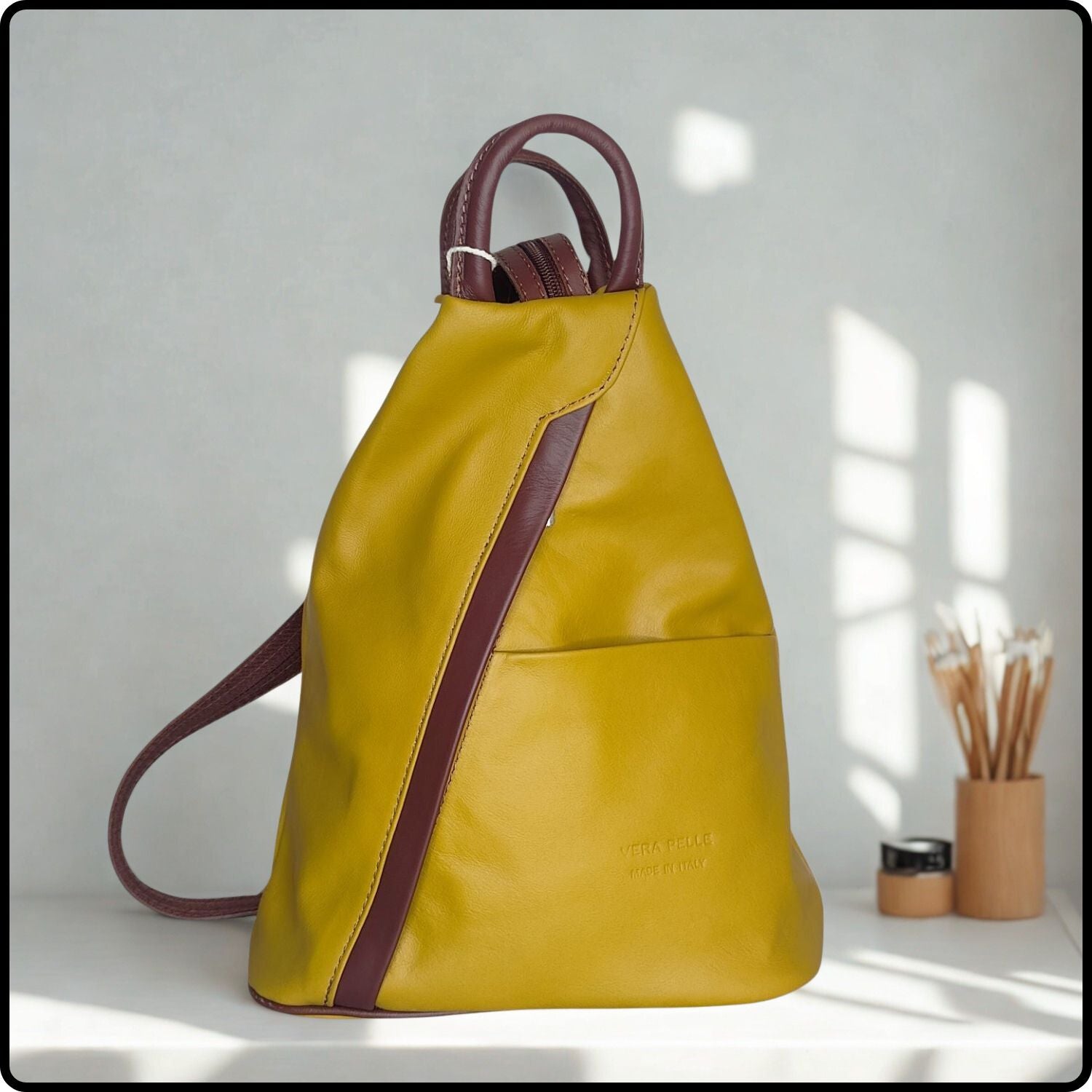 Large Soft Leather Backpack - VPR244-YELLOW/BROWN