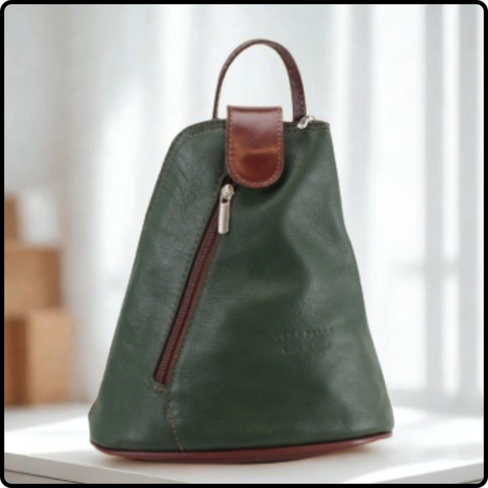 Small Soft Leather Backpack - VPB14-DARKGREEN/BROWN