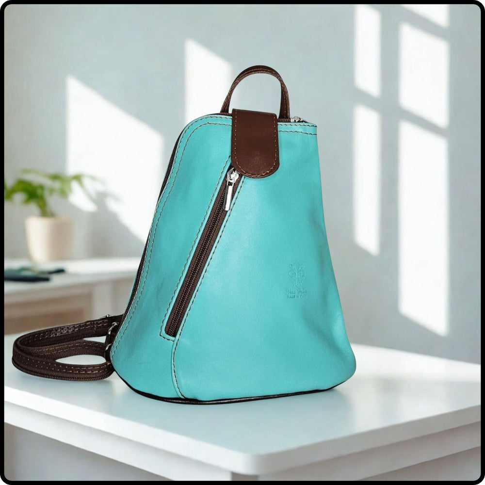 Small Soft Leather Backpack - VPB14-TURQUOISE/BROWN