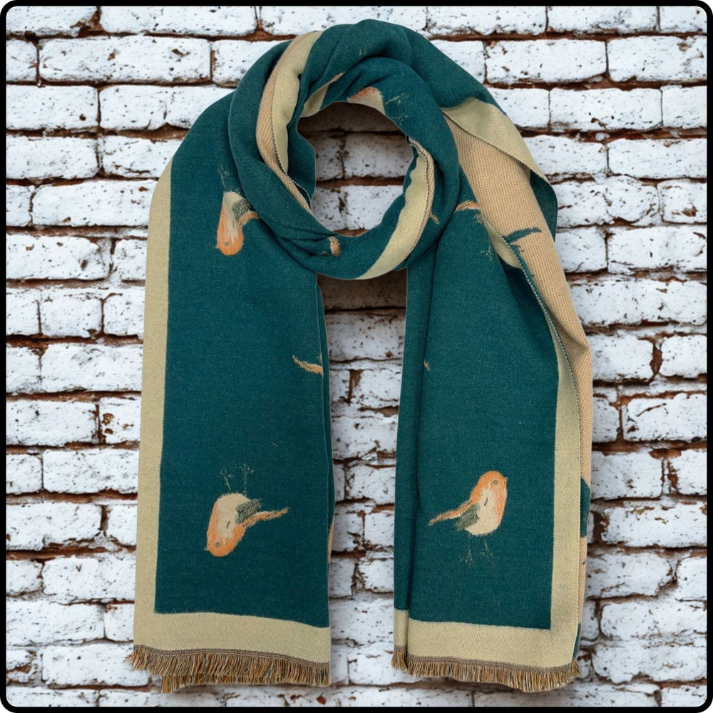 Robin embroidered print on reversible cashmere blend scarf in Teal-RSCT