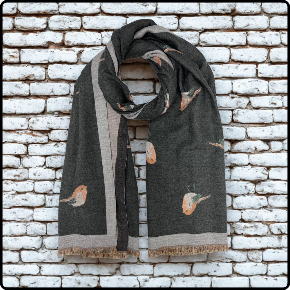 Robin embroidered print on reversible cashmere blend scarf in Charcoal-RSCC