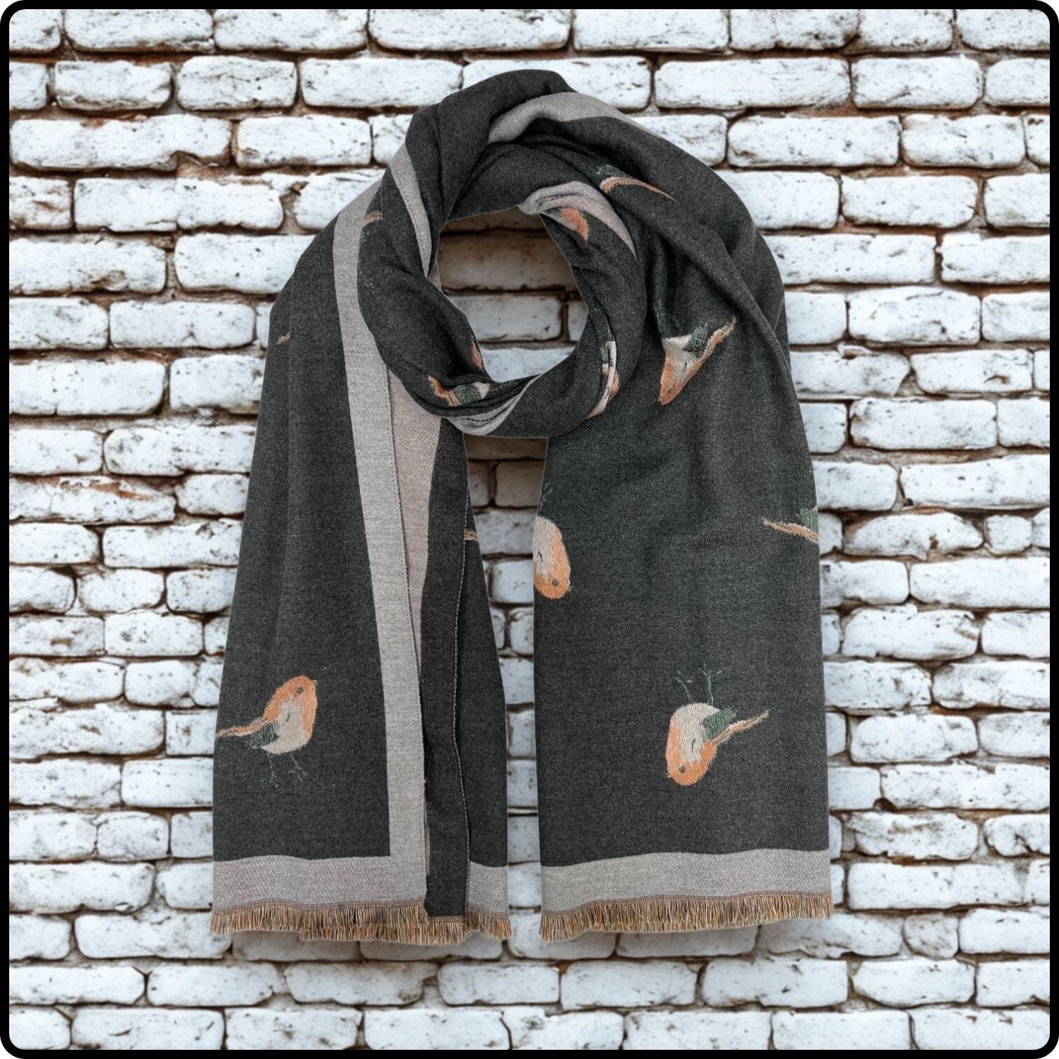 Robin embroidered print on reversible cashmere blend scarf in Charcoal-RSCC