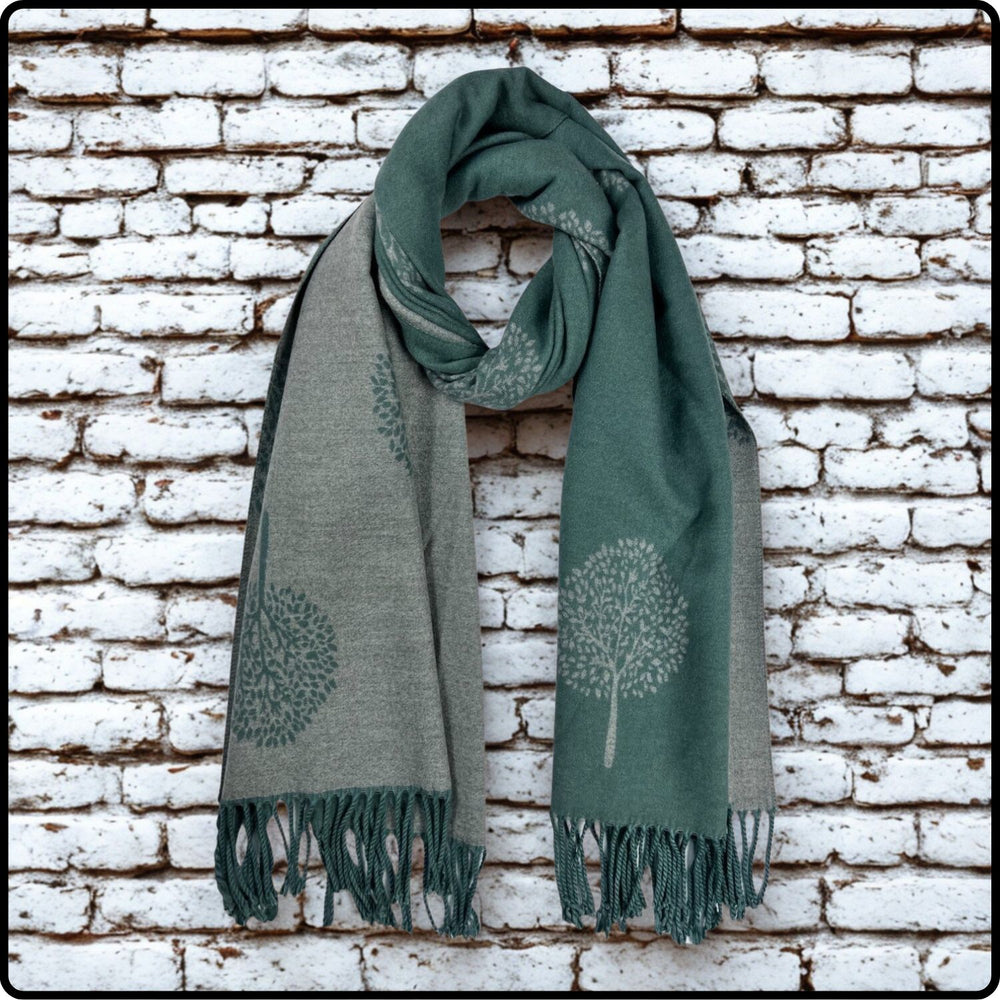 Tree of life print scarf on cashmere mix with tassels in Jade-SCTLJ