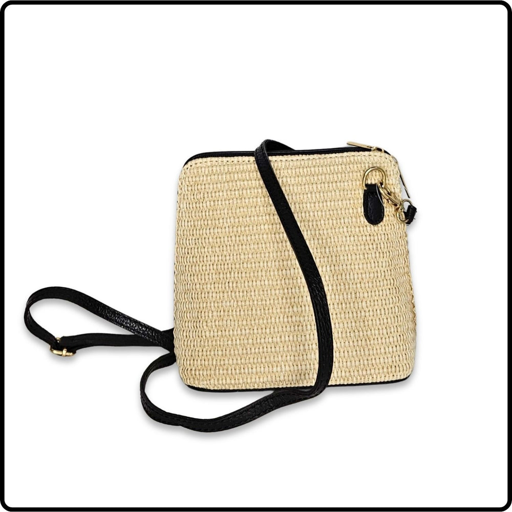 Leather and Straw Square Messenger Bag - PS592-BLACK