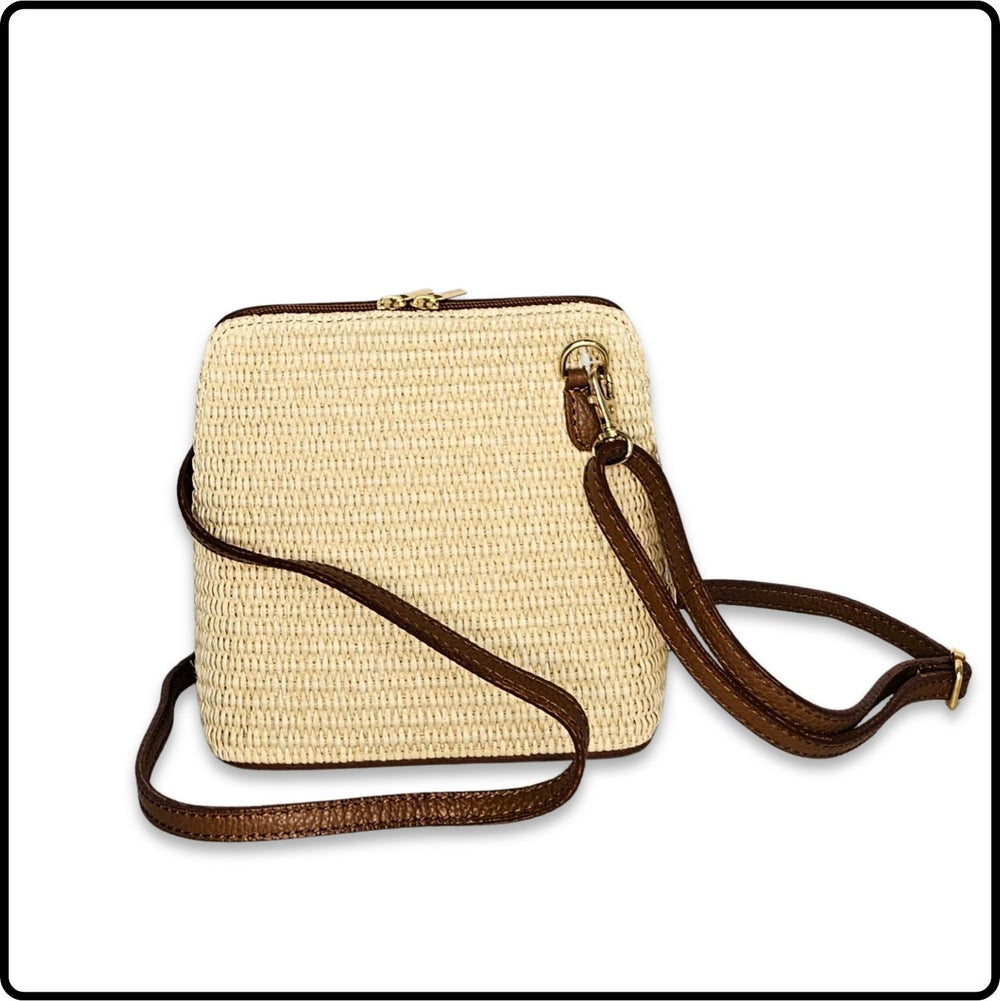 Leather and Straw Square Messenger Bag - PS592-DARK TAN