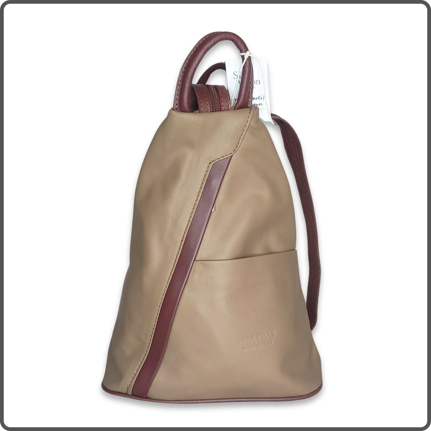 Large Soft Leather Backpack - VPR244-KHAKI/BROWN