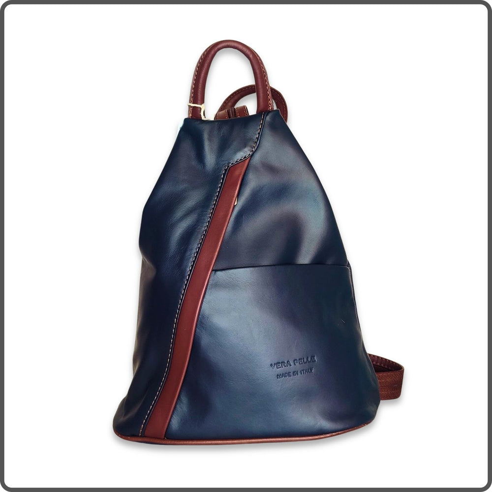 Large Soft Leather Backpack - VPR244-NAVY/BROWN