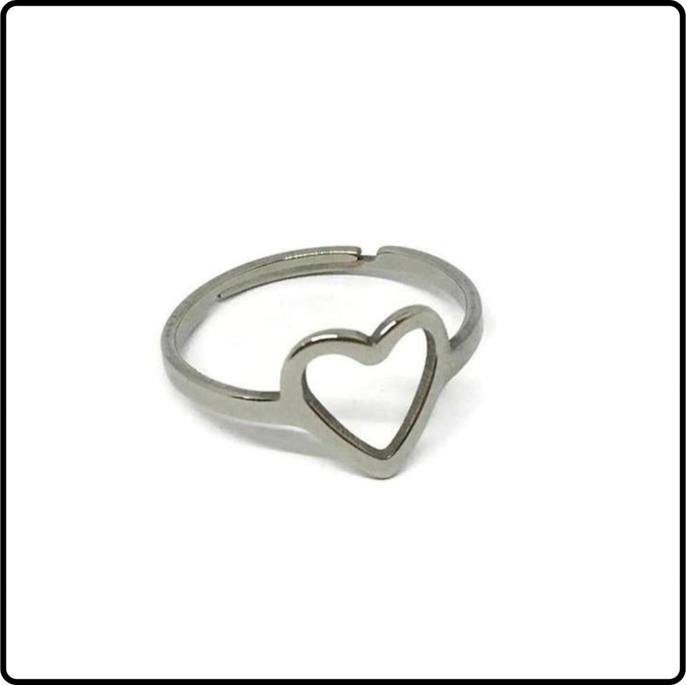 Love Heart Cutout Outline Adjustable Silver Plate on Stainless Steel Ring- LHSPS