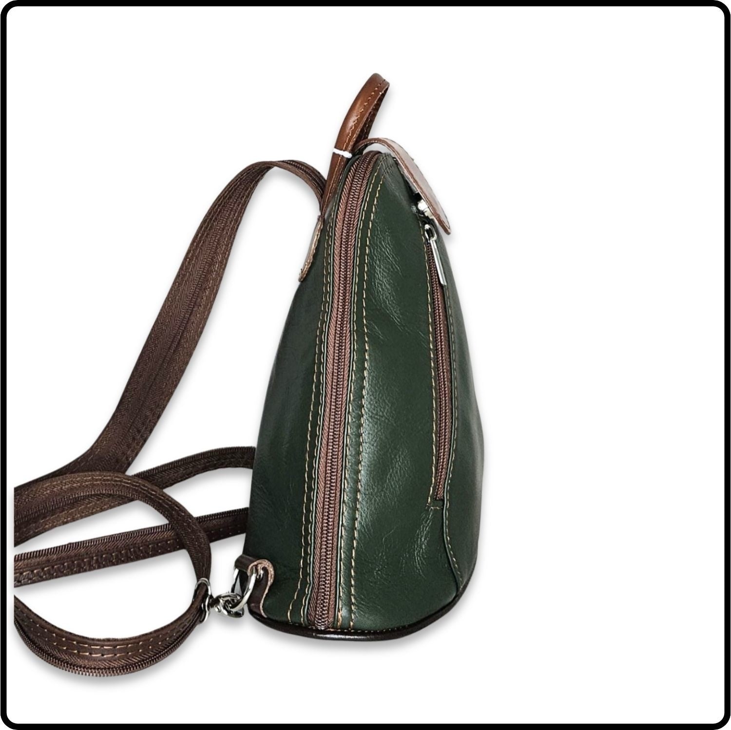 Small Soft Leather Backpack - VPB14-DARKGREEN/BROWN