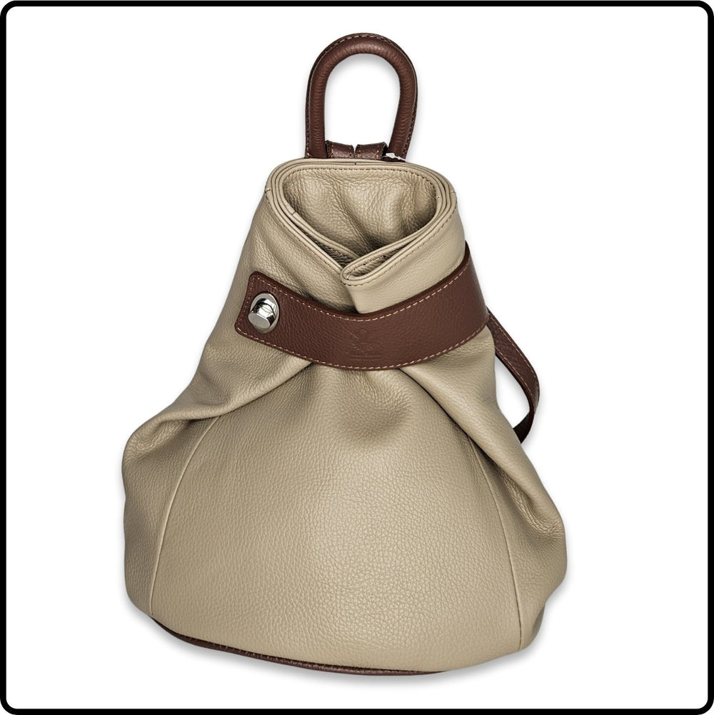 Large Pebbled Leather Lock Closure Backpack - VPR248-KHAKI/TAN