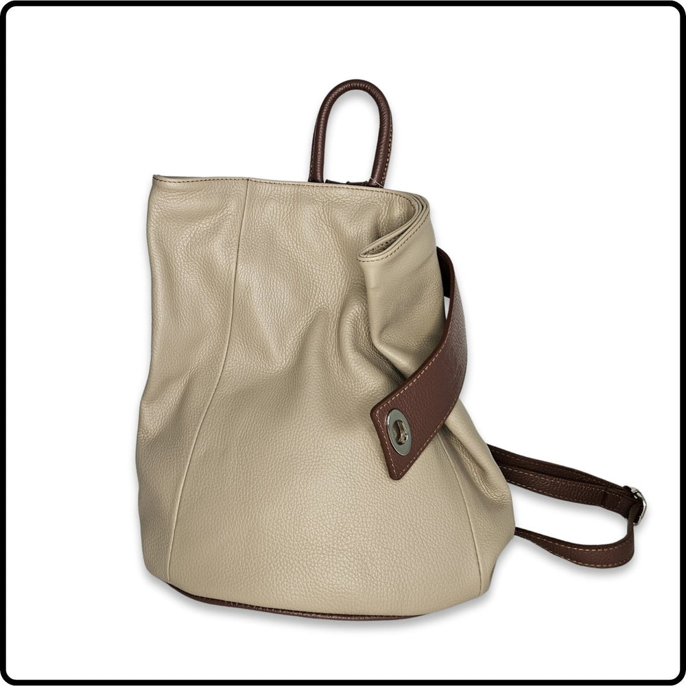 Large Pebbled Leather Lock Closure Backpack - VPR248-KHAKI/TAN