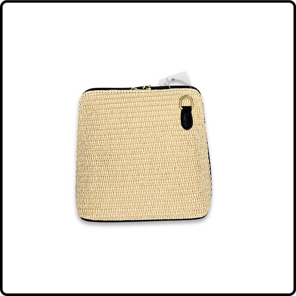 Leather and Straw Square Messenger Bag - PS592-BLACK
