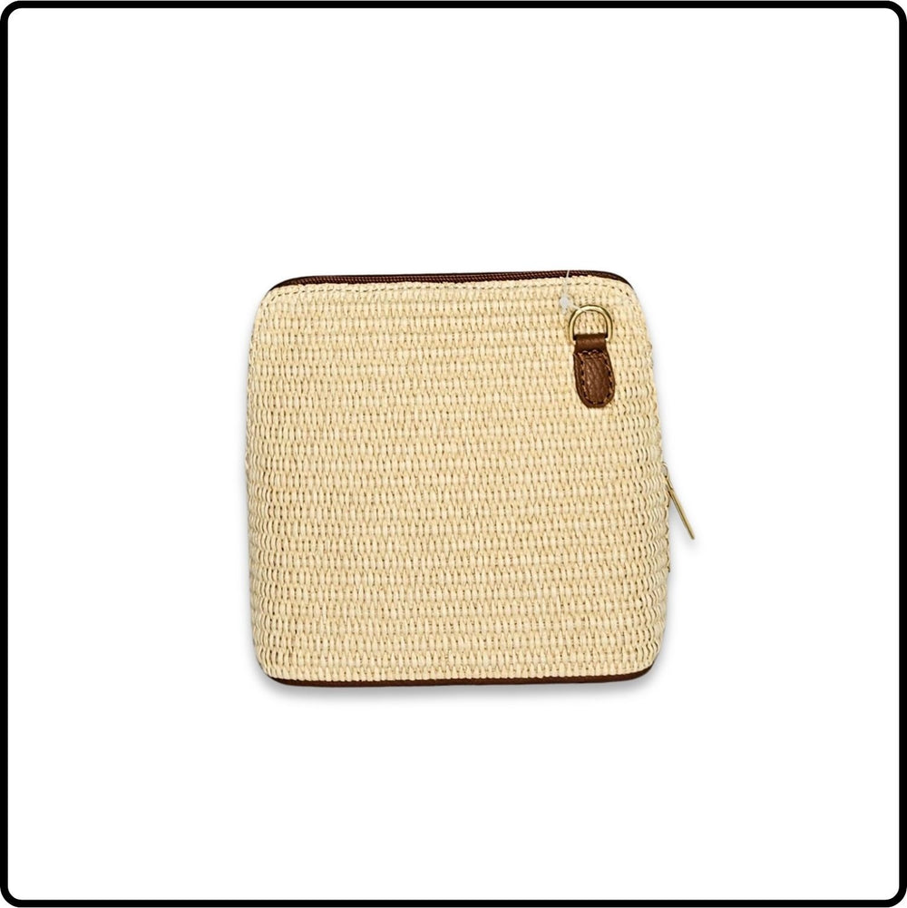Leather and Straw Square Messenger Bag - PS592-DARK TAN