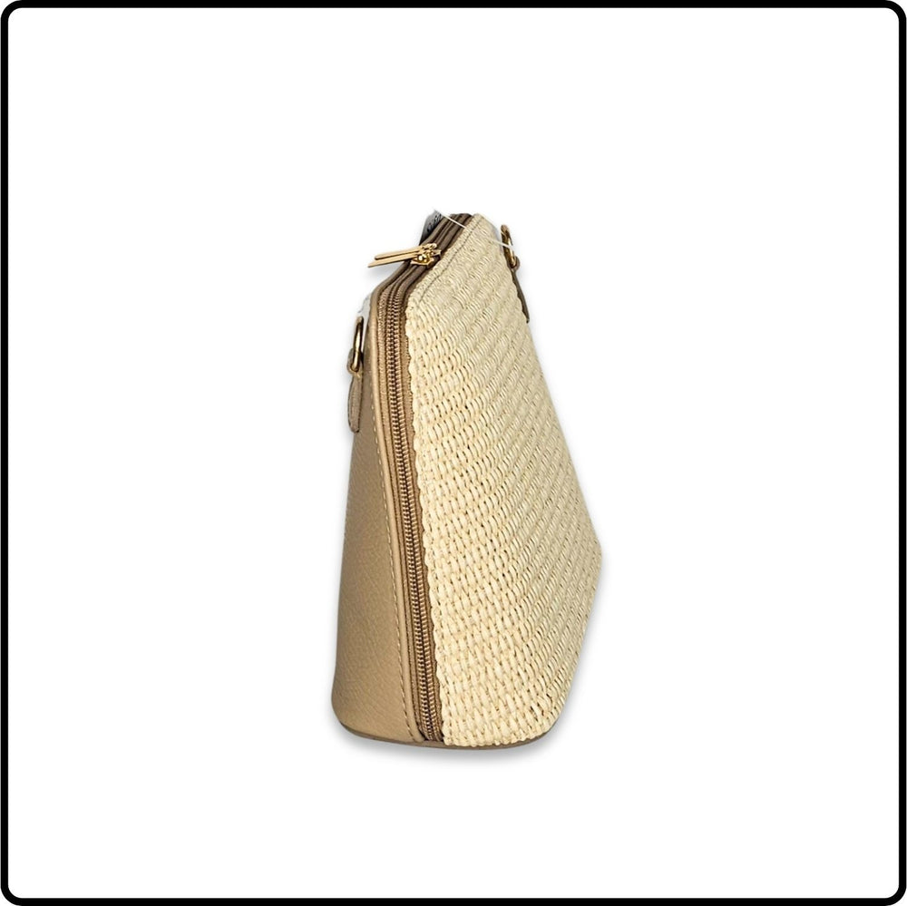 Leather and Straw Square Messenger Bag - PS592-LIGHT TAUPE