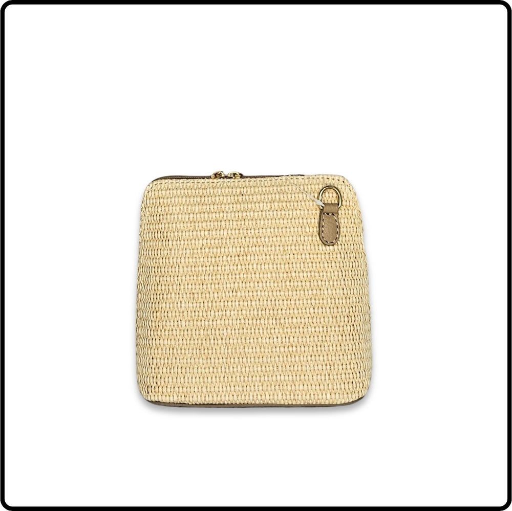 Leather and Straw Square Messenger Bag - PS592-LIGHT TAUPE
