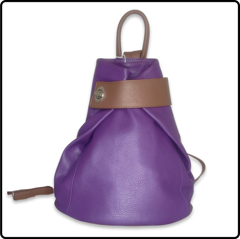 Large Pebbled Leather Lock Closure Backpack - VPR248-PURPLE/TAN