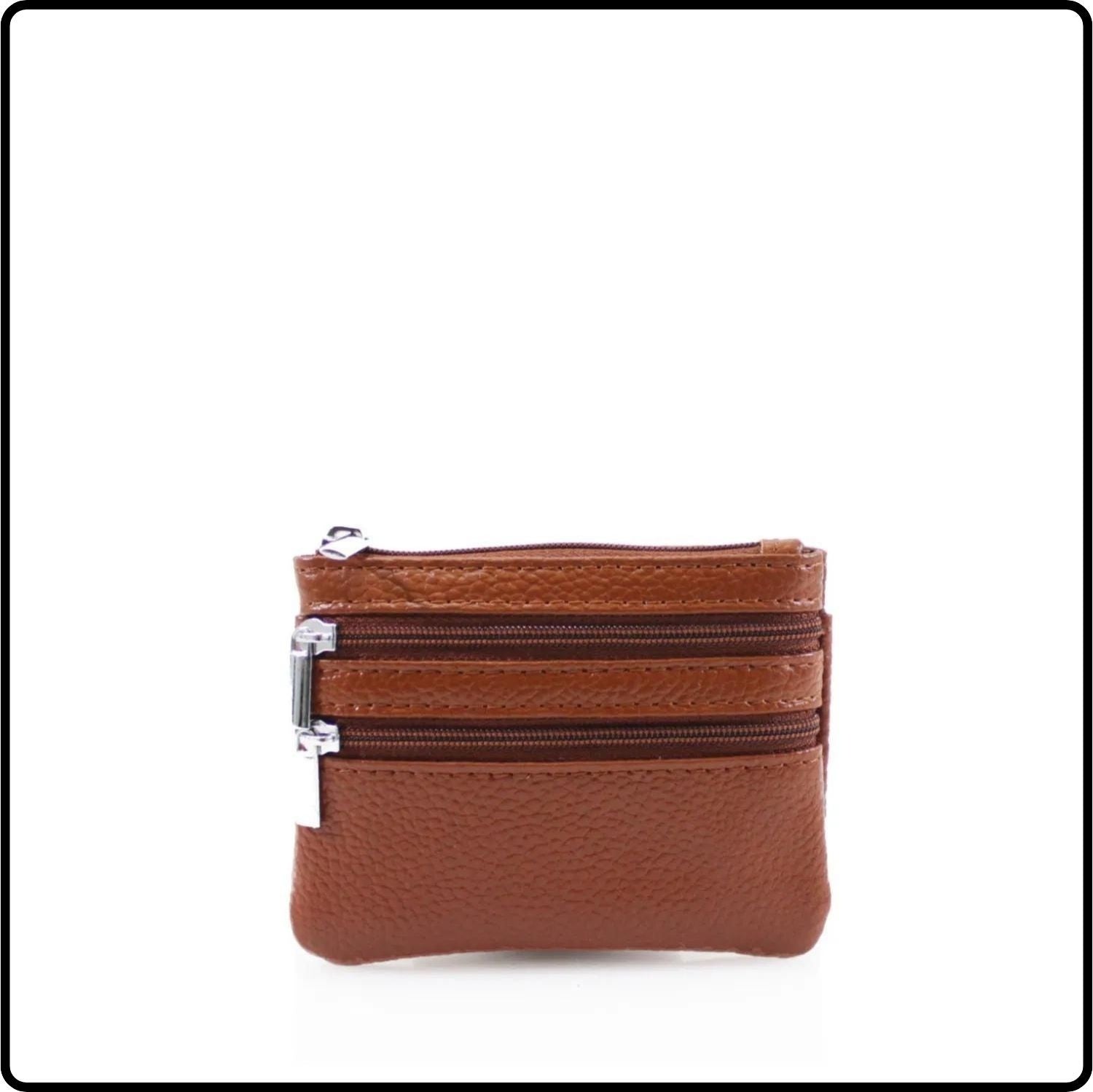 Leather Zipper Coin Purse - 001-BROWN