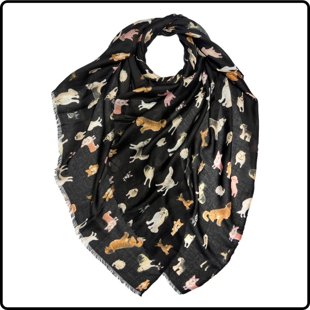 Dog Print Scarf Mixed Breeds on Black- SDMBB