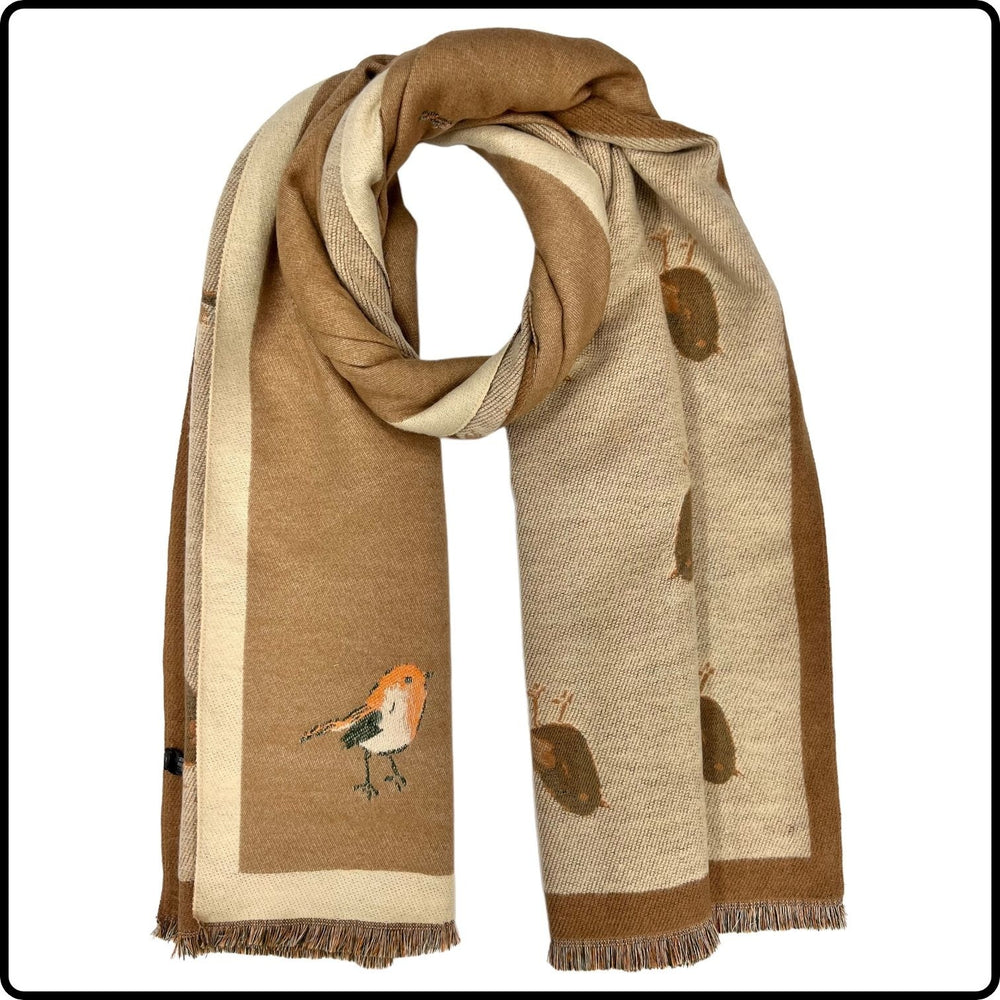 Robin embroidered print on reversible cashmere blend scarf in Light Brown-SCRLB