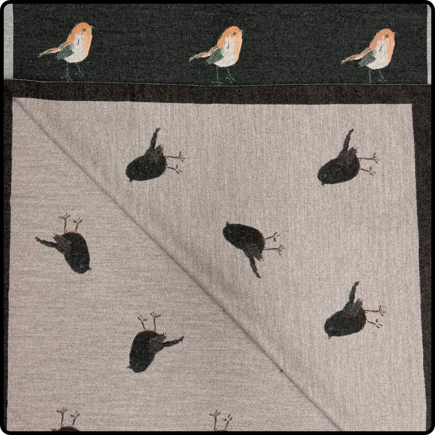 Robin embroidered print on reversible cashmere blend scarf in Charcoal-SCRCH