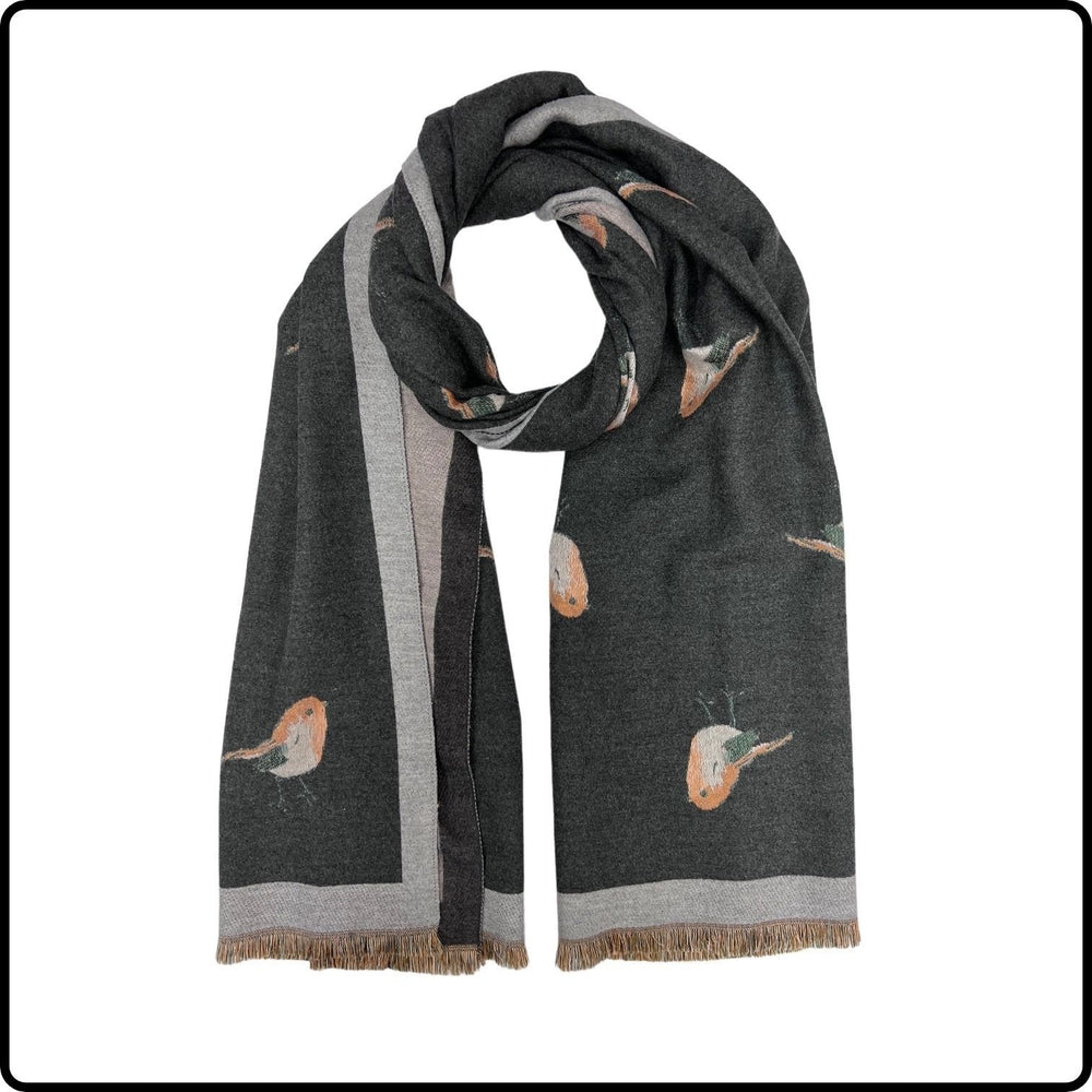 Robin embroidered print on reversible cashmere blend scarf in Charcoal-SCRCH