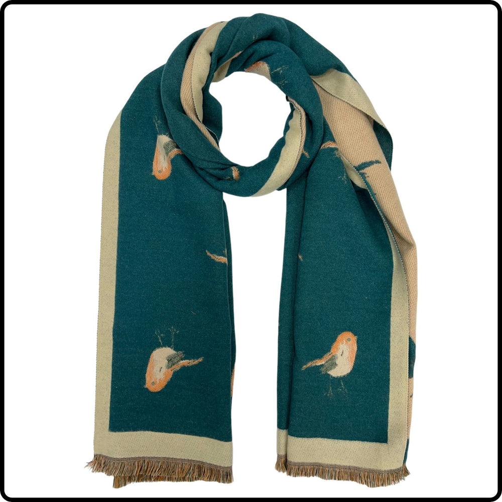 Robin embroidered print on reversible cashmere blend scarf in Teal-SCRT