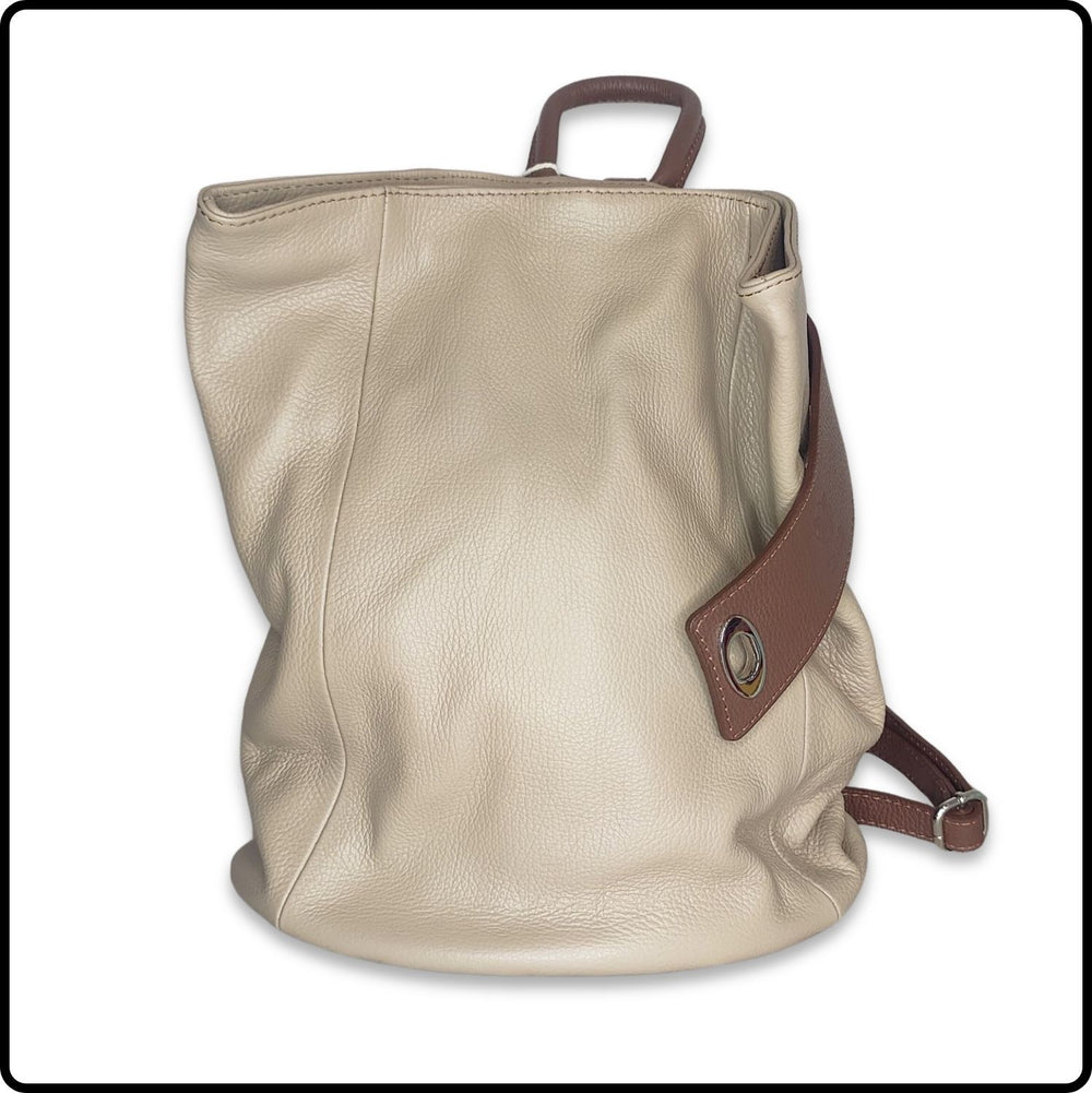 Large Pebbled Leather Lock Closure Backpack - VPR248-BEIGE/TAN
