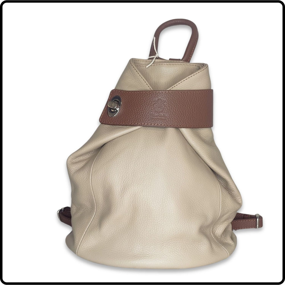 Large Pebbled Leather Lock Closure Backpack - VPR248-BEIGE/TAN