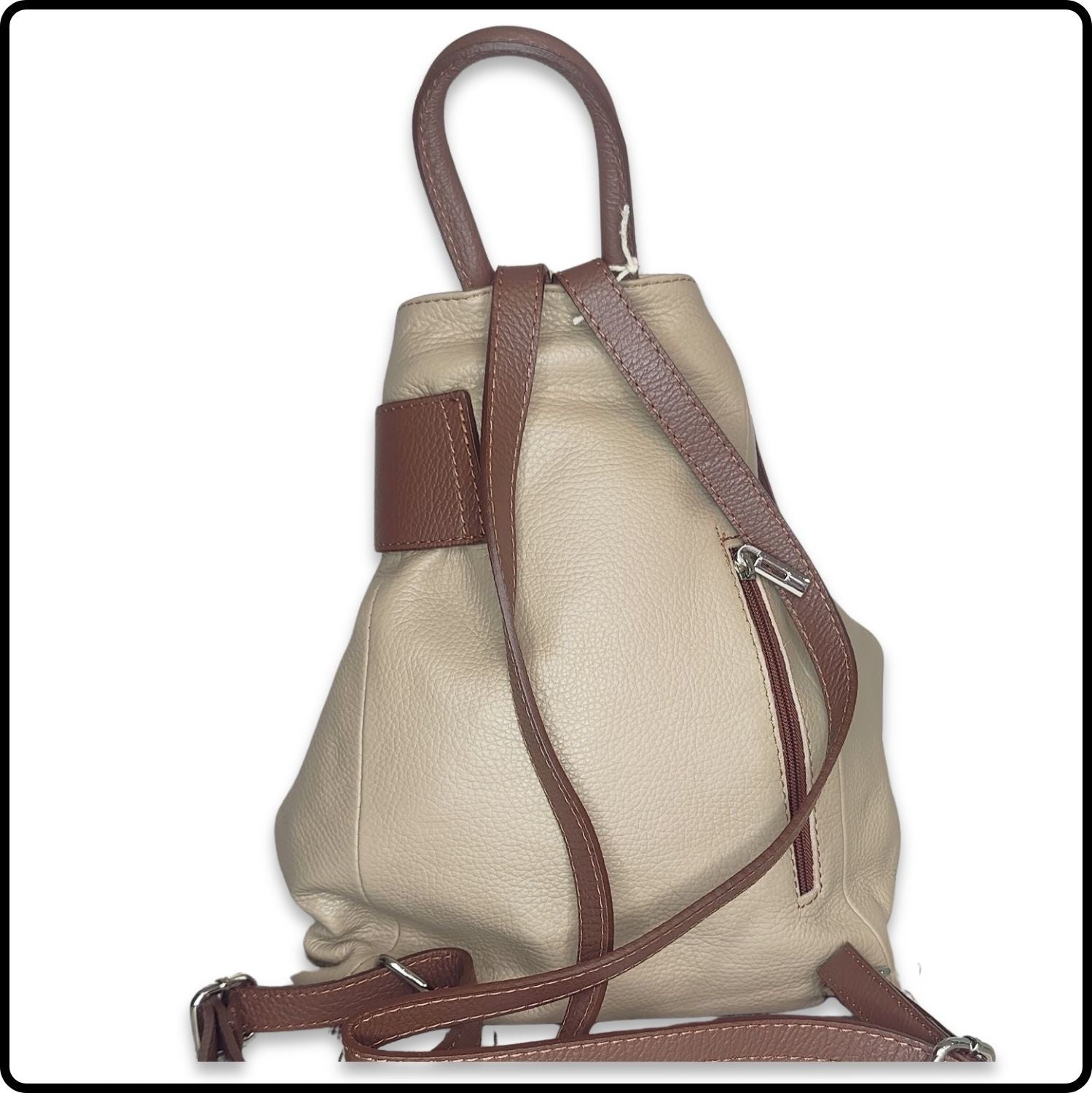 Large Pebbled Leather Lock Closure Backpack - VPR248-BEIGE/TAN