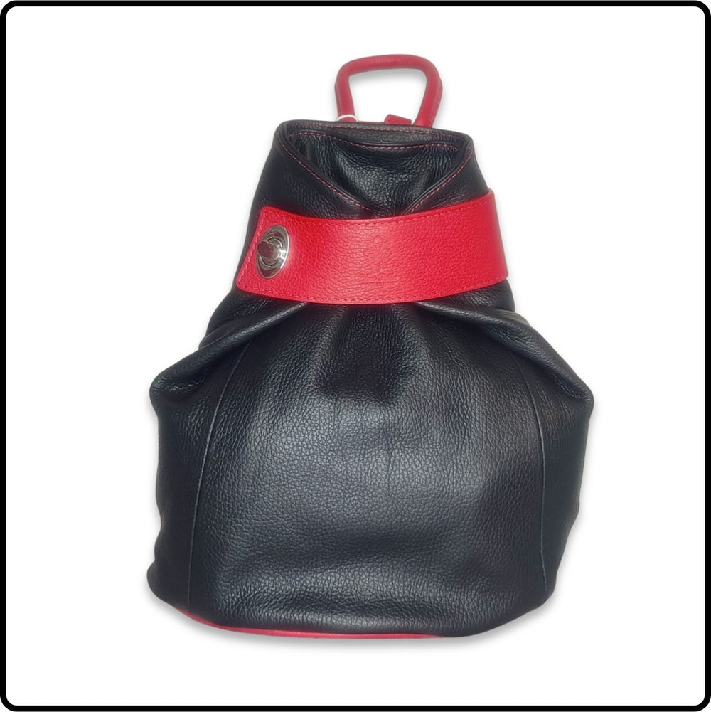 Large Pebbled Leather Lock Closure Backpack - VPR248-BLACK/RED