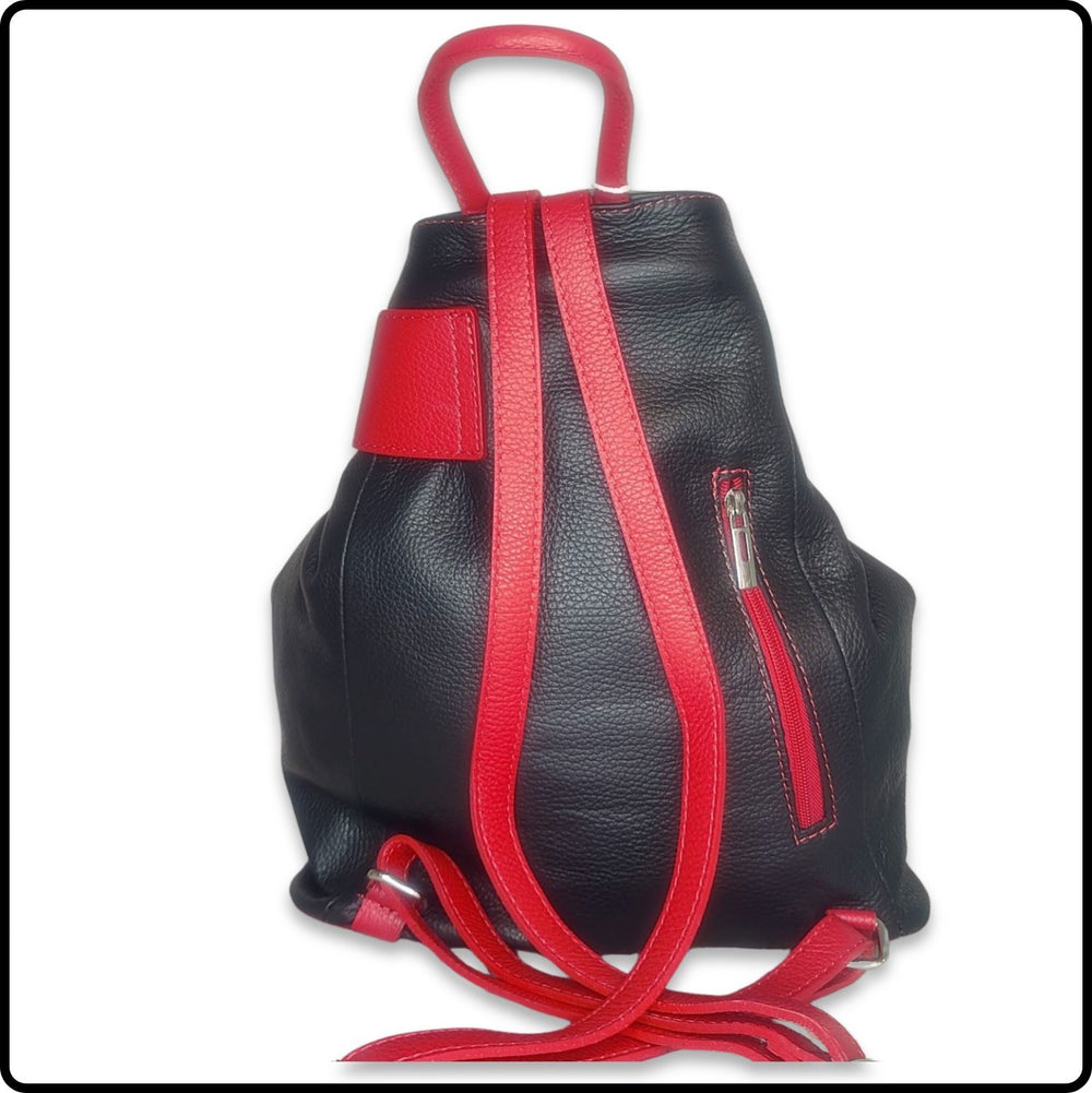Large Pebbled Leather Lock Closure Backpack - VPR248-BLACK/RED
